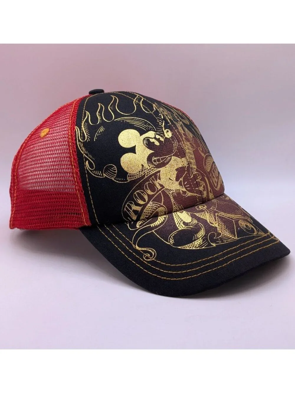 Disneyland Mickey Mouse Hat Cap Adult Snapback Red Gold Mesh WDW Legend Guitar